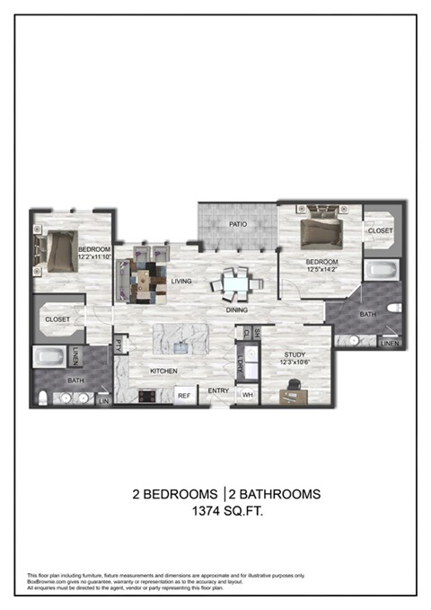 A floor plan of a house with two bedrooms and two bathrooms.